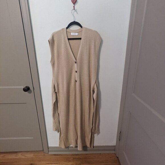 Anthropologie MABLE Sweater Dress Rib Knit Front Tie Beige Brown Size LG - Picture 6 of 8